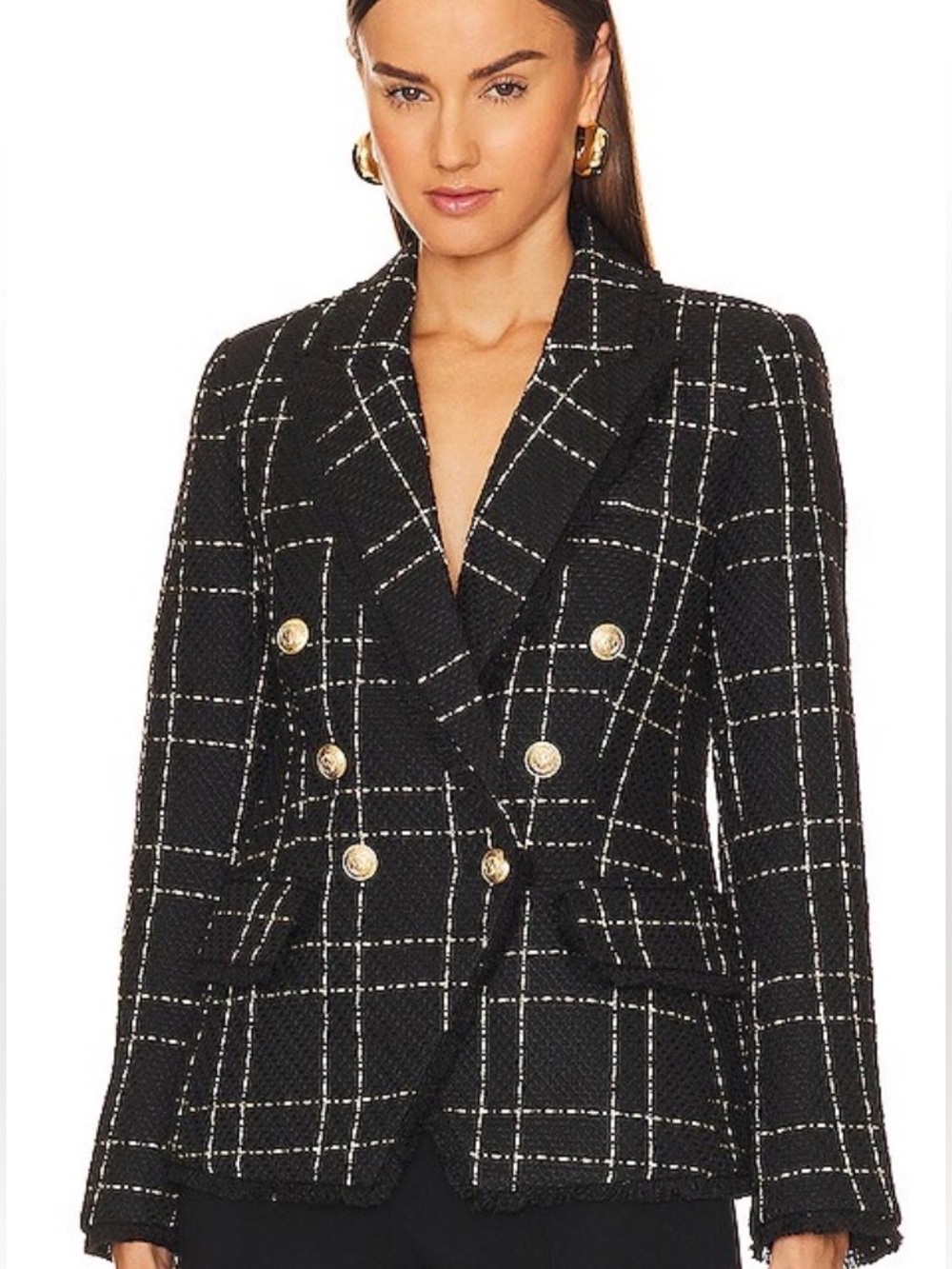 L’AGENCE Tweed Double Breasted Blazer Black Gold stripes and buttons Size 10